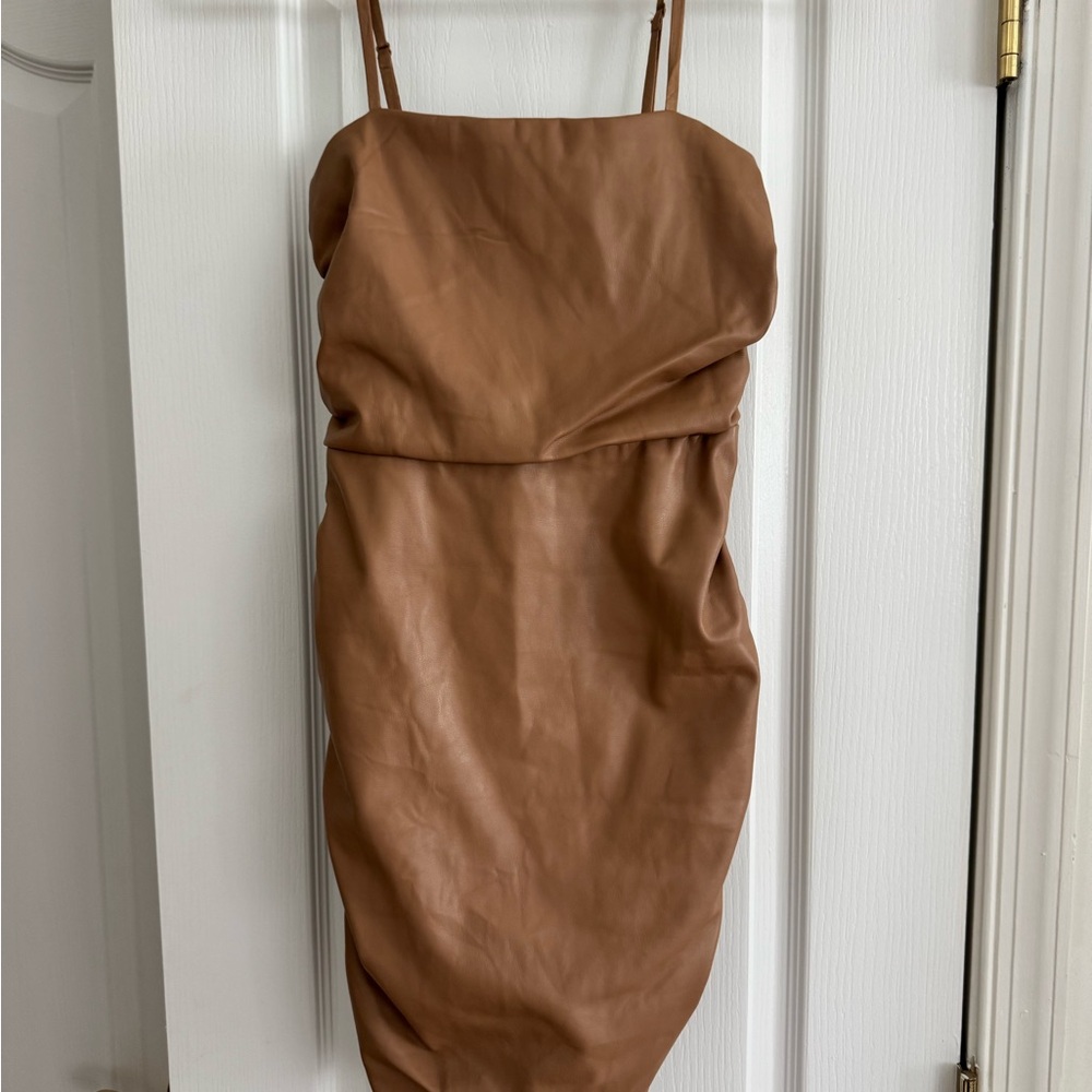 Lulu's Tan Faux Leather Mini Slip Dress